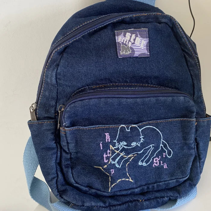 Cat-embroidered denim backpack