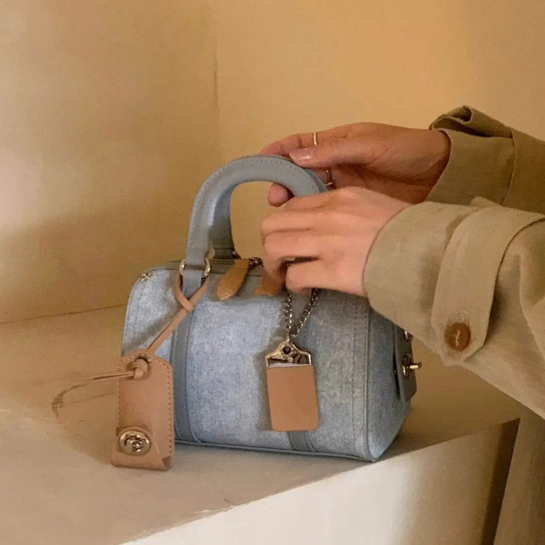 Structured denim crossbody handbag