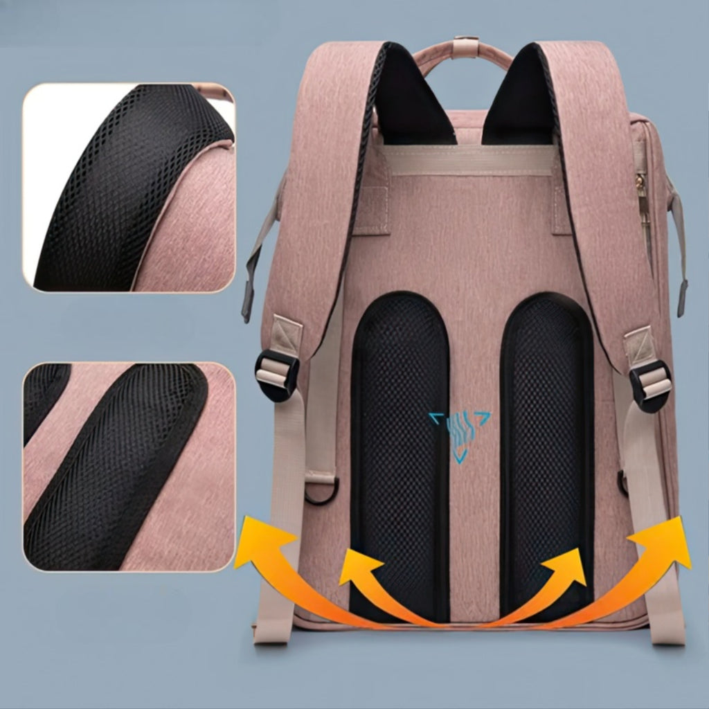 Blue diaper backpack with built-in bed