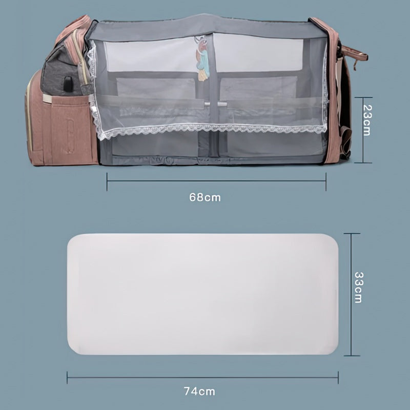 Grey diaper backpack with built-in bed