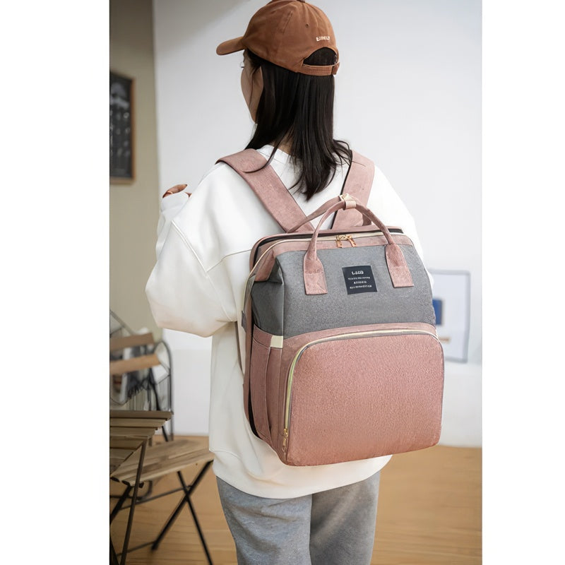 Black diaper backpack with built-in bed