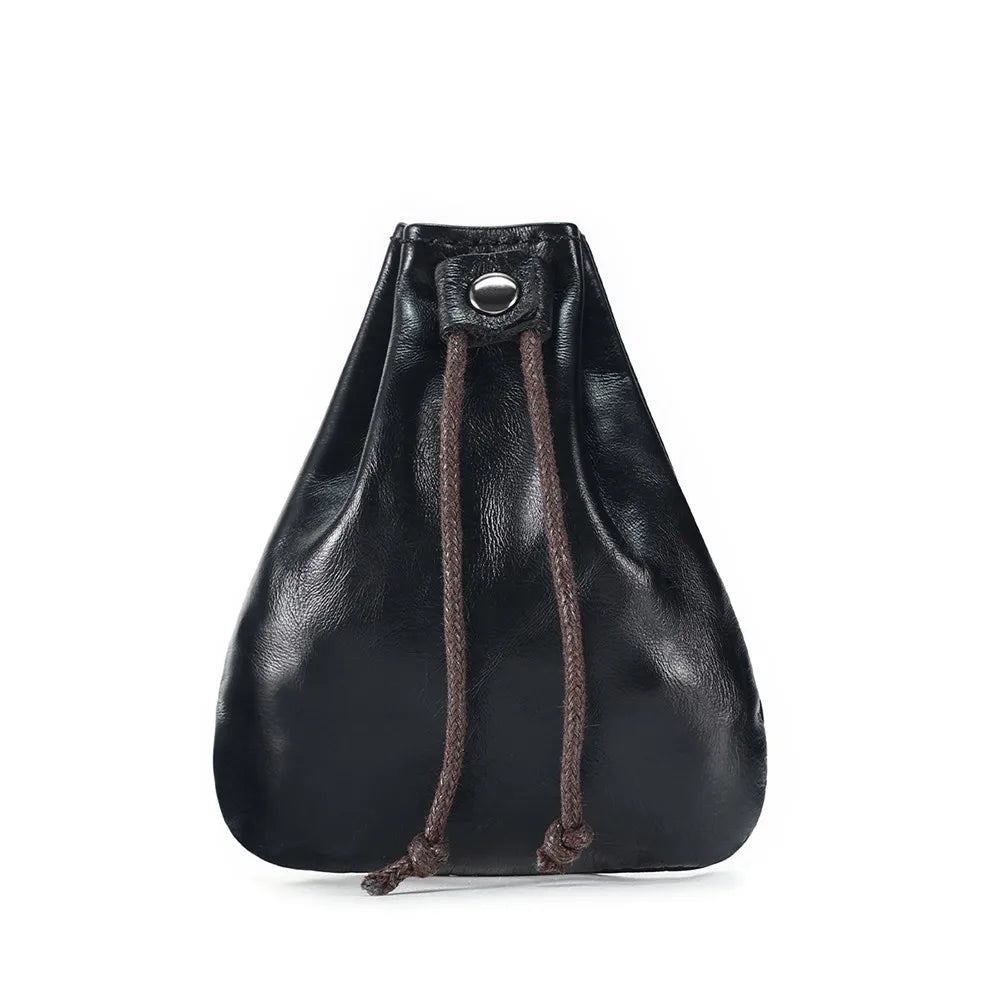 Compact drawstring pouch in leather