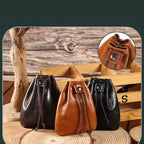 Compact drawstring pouch in leather