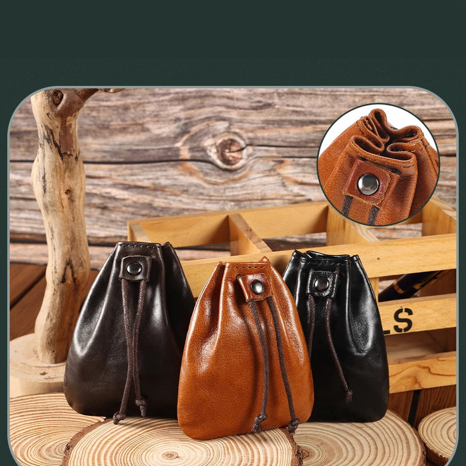 Compact drawstring pouch in leather