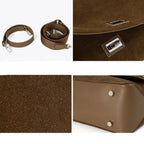 Textured suede handbag with flap closure