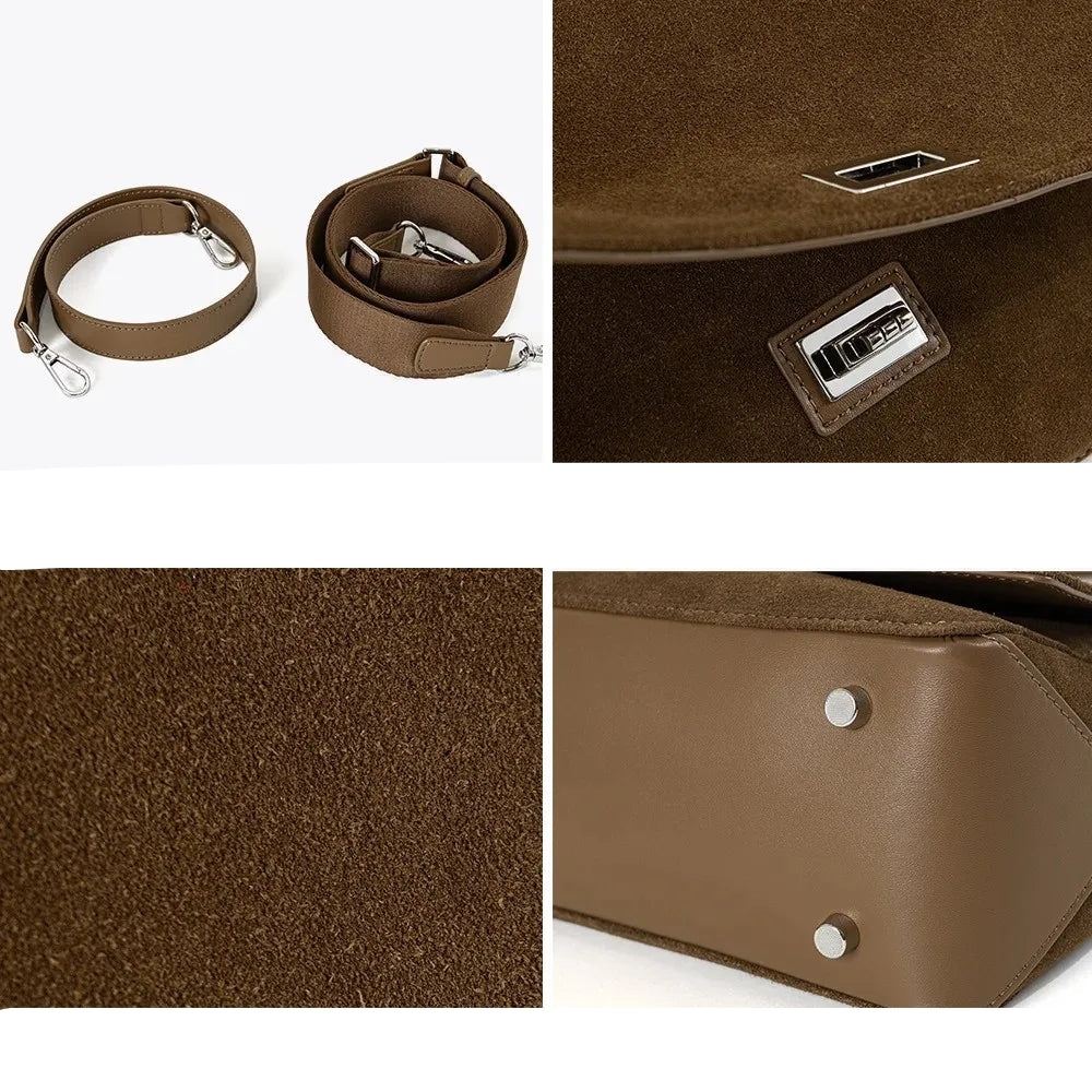Textured suede handbag with flap closure
