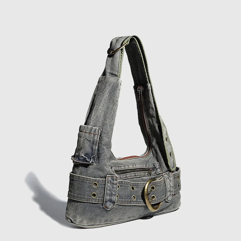 Distressed denim crossbody handbag with double zip