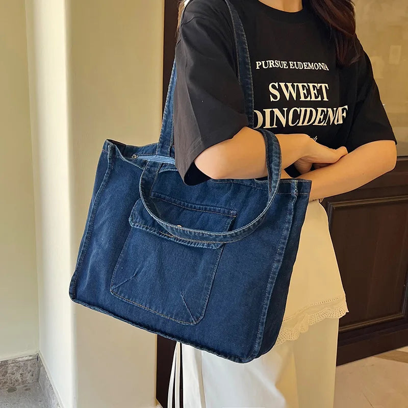 Denim tote bag with wide straps