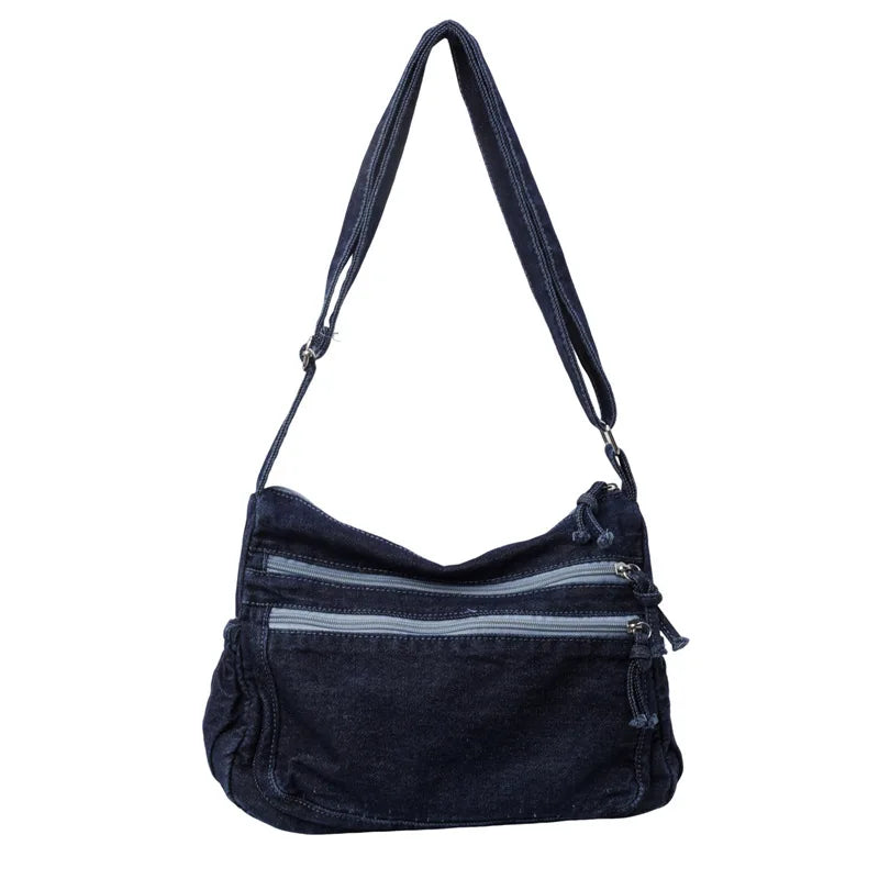 Multi-pockets denim shoulder bag for women