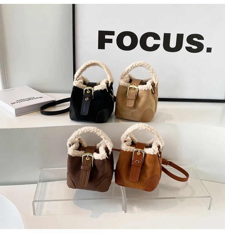 Mini square suede handbag with fake fur