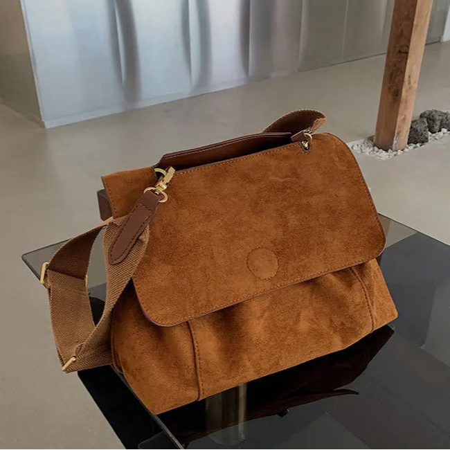 Suede tote bag with large shoulder strap
