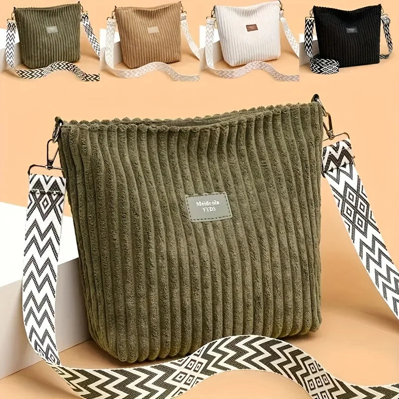 Large capacity corduroy shoulder handbag
