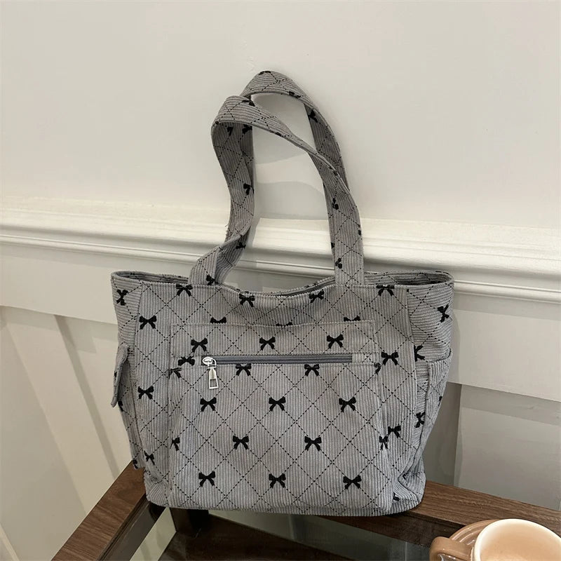 Bow pattern corduroy tote bag for women