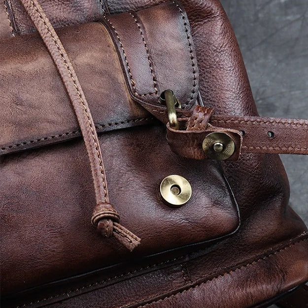 Retro leather rucksack with drawstring closure