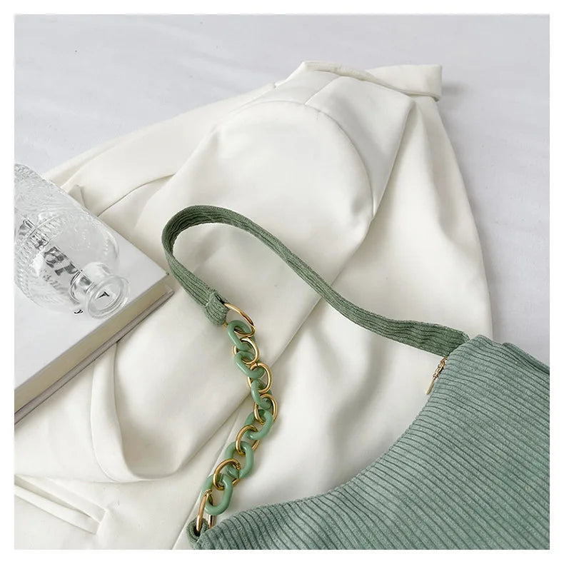 Corduroy handbag set with soft chain handle