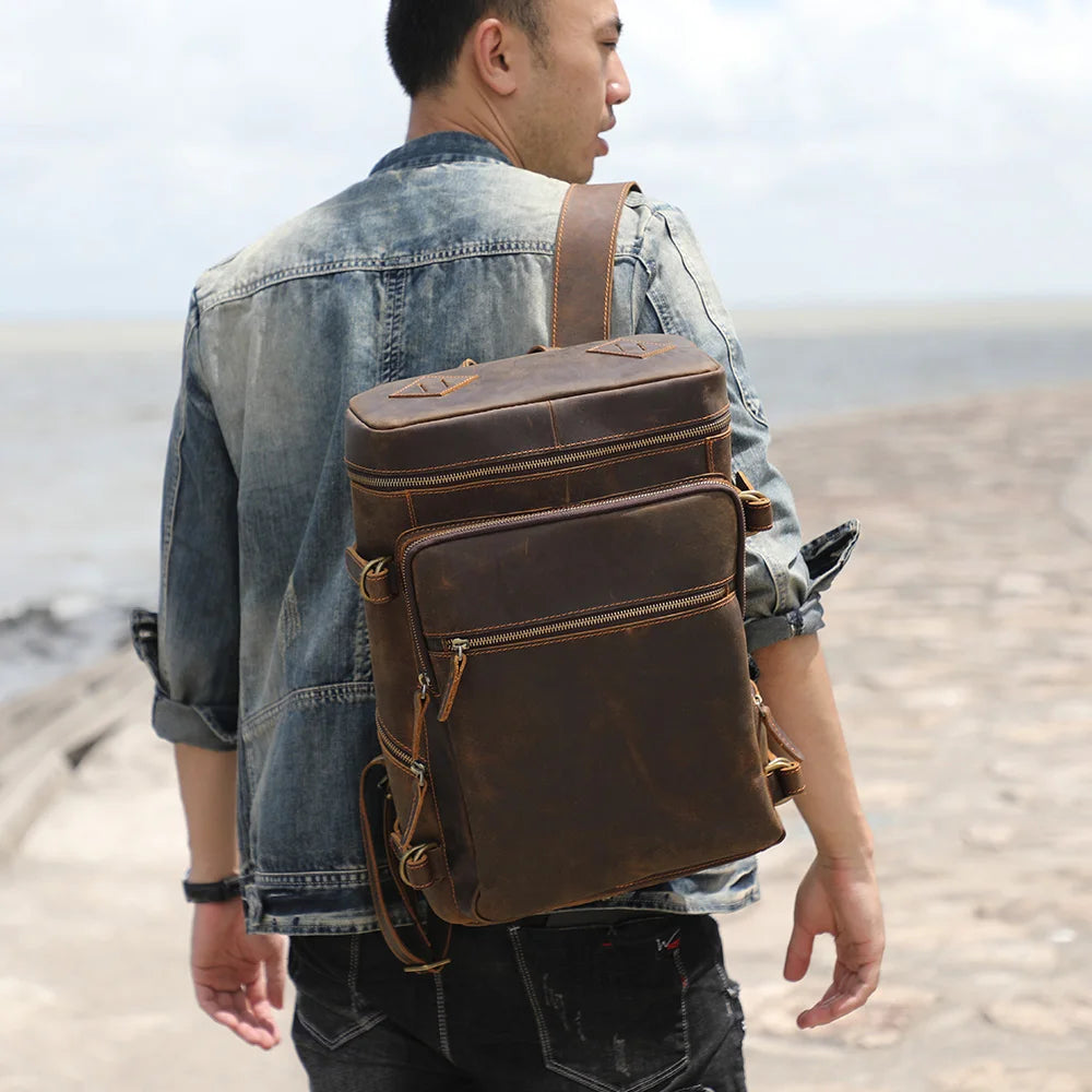 Leather travel rucksack for men
