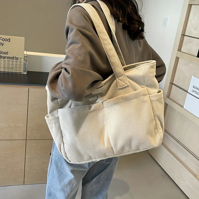 Large corduroy shoulder tote bag with multiple pockets