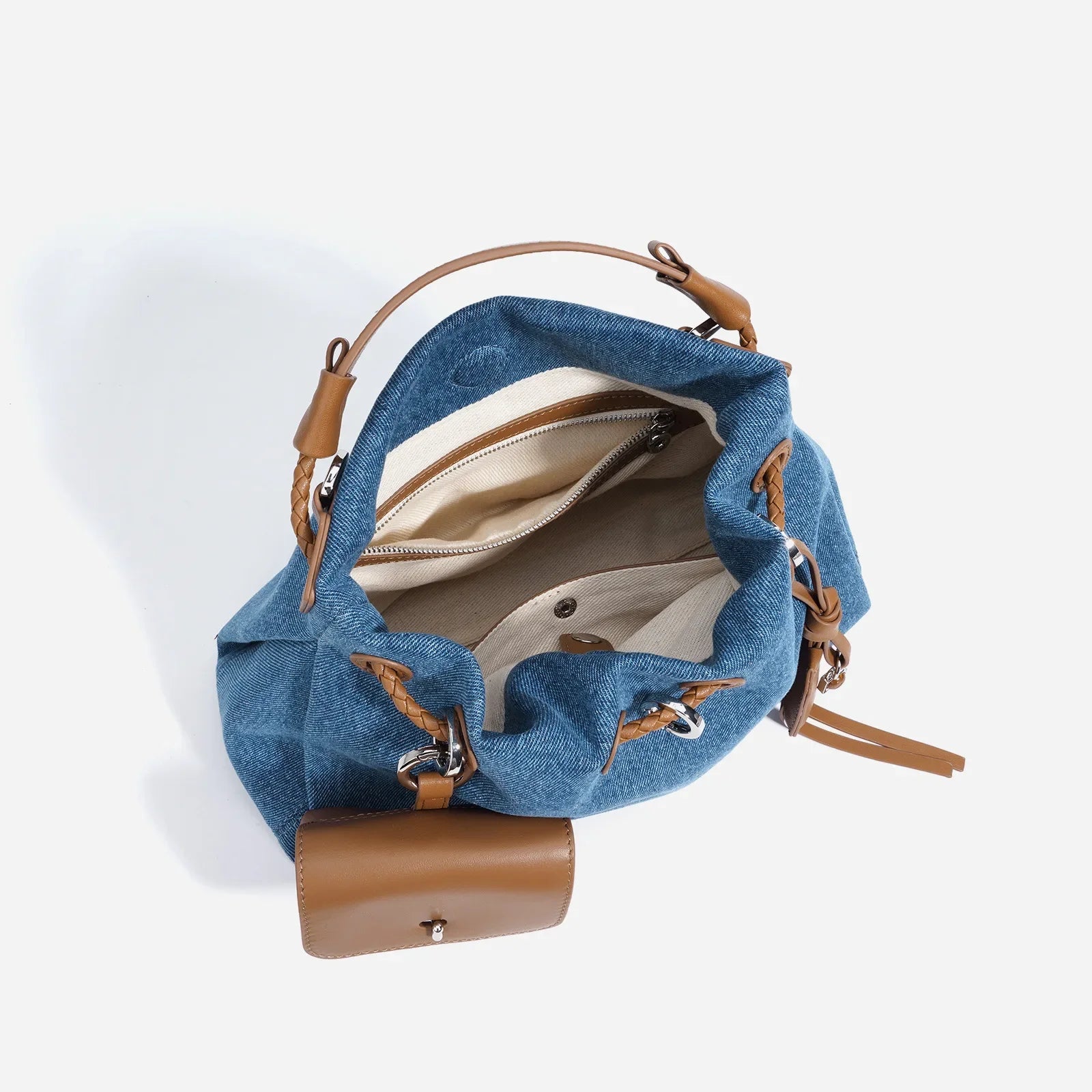 Denim handbag with external pockets