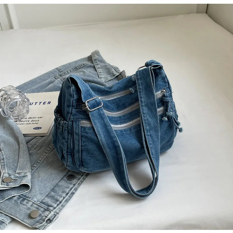 Multi-pockets denim shoulder bag for women