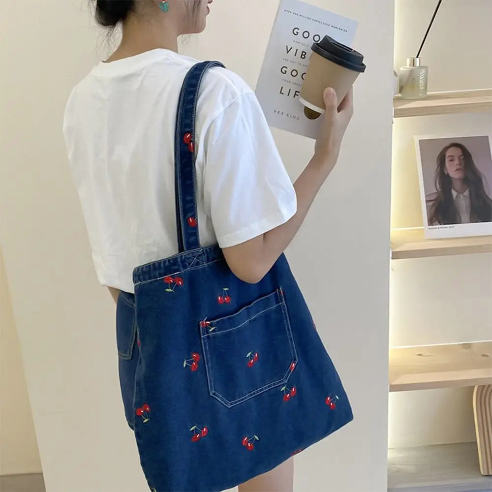 Denim tote bag with embroidery