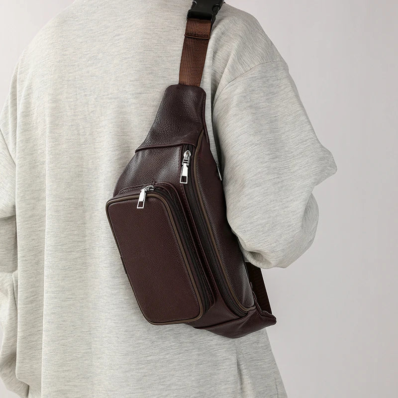 Large capacity leather bum bag for men