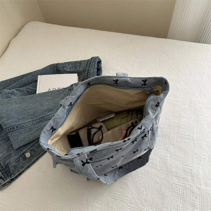 Bow pattern corduroy tote bag for women