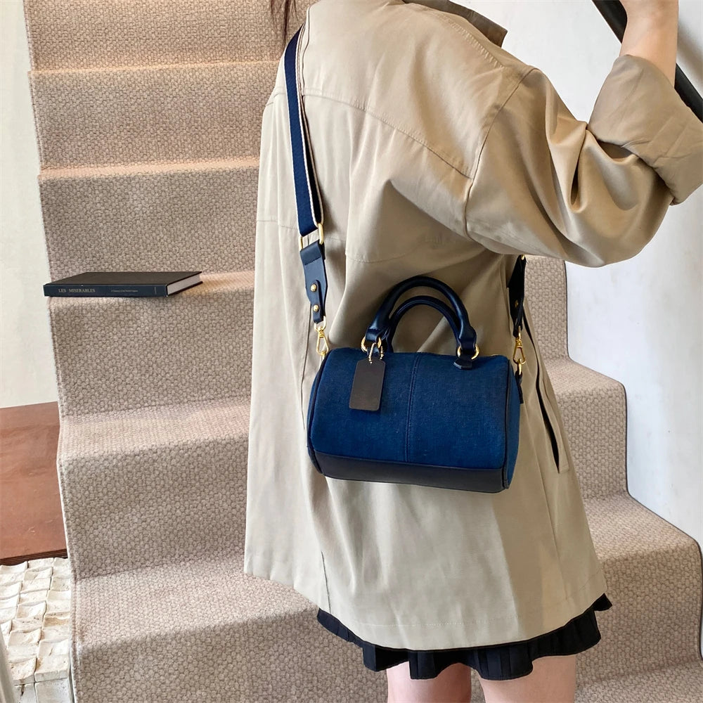 Retro large strap denim shoulder handbag
