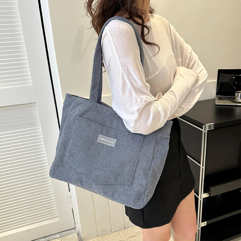 Large capacity corduroy shoulder tote bag