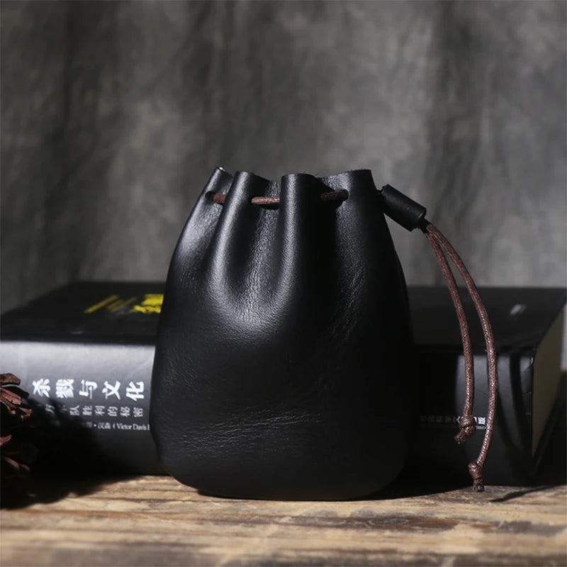 Retro leather pouch with drawstring