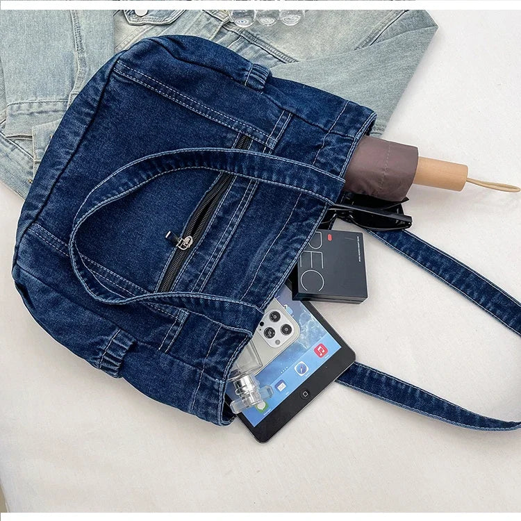 Denim tote bag with front pocket
