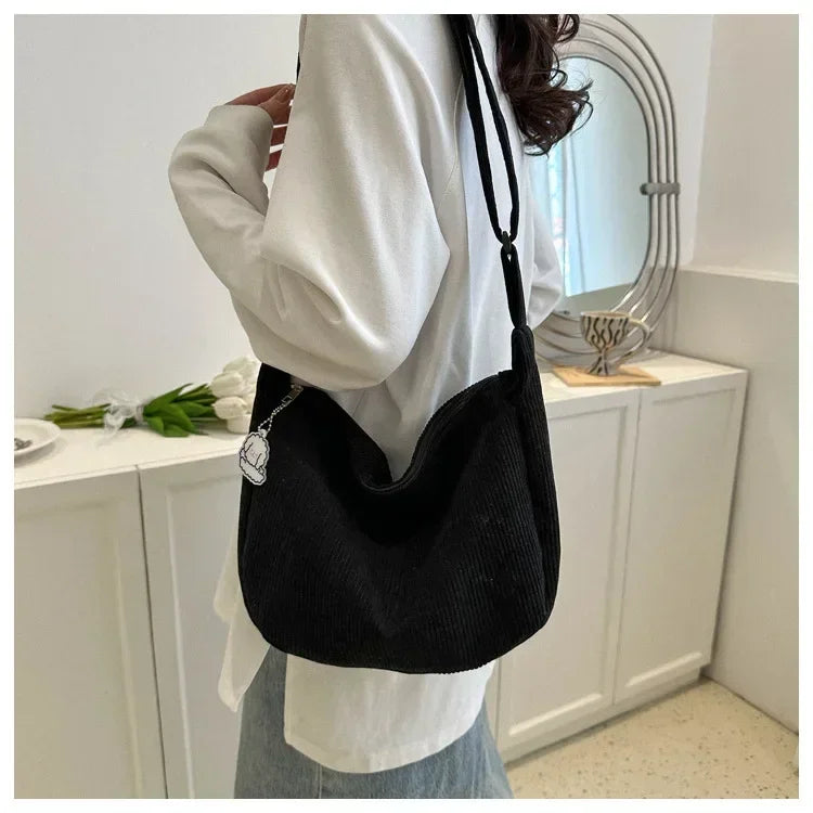 Corduroy handbag with adjustable shoulder strap