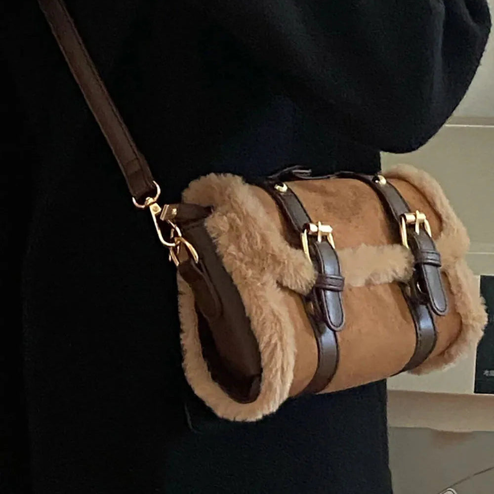 Suede shoulder handbag with fake fur