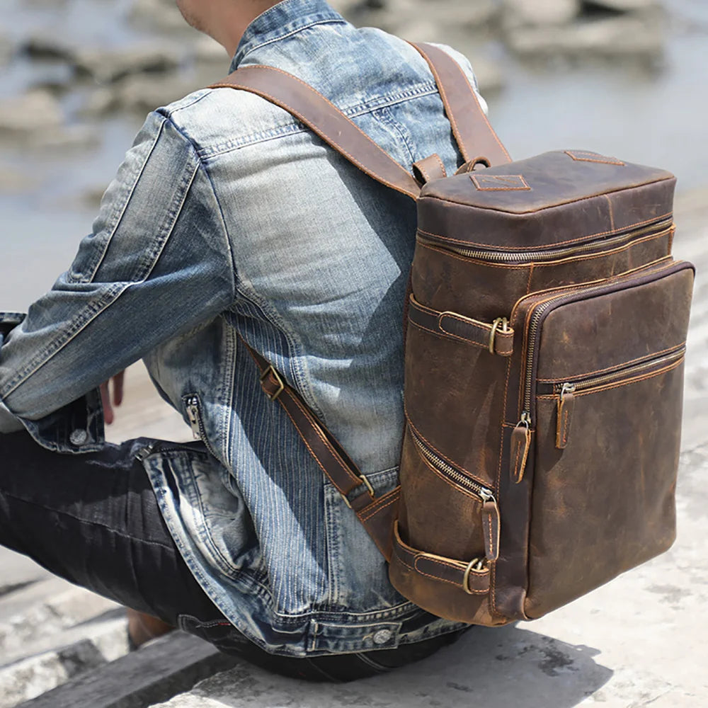 Leather travel rucksack for men
