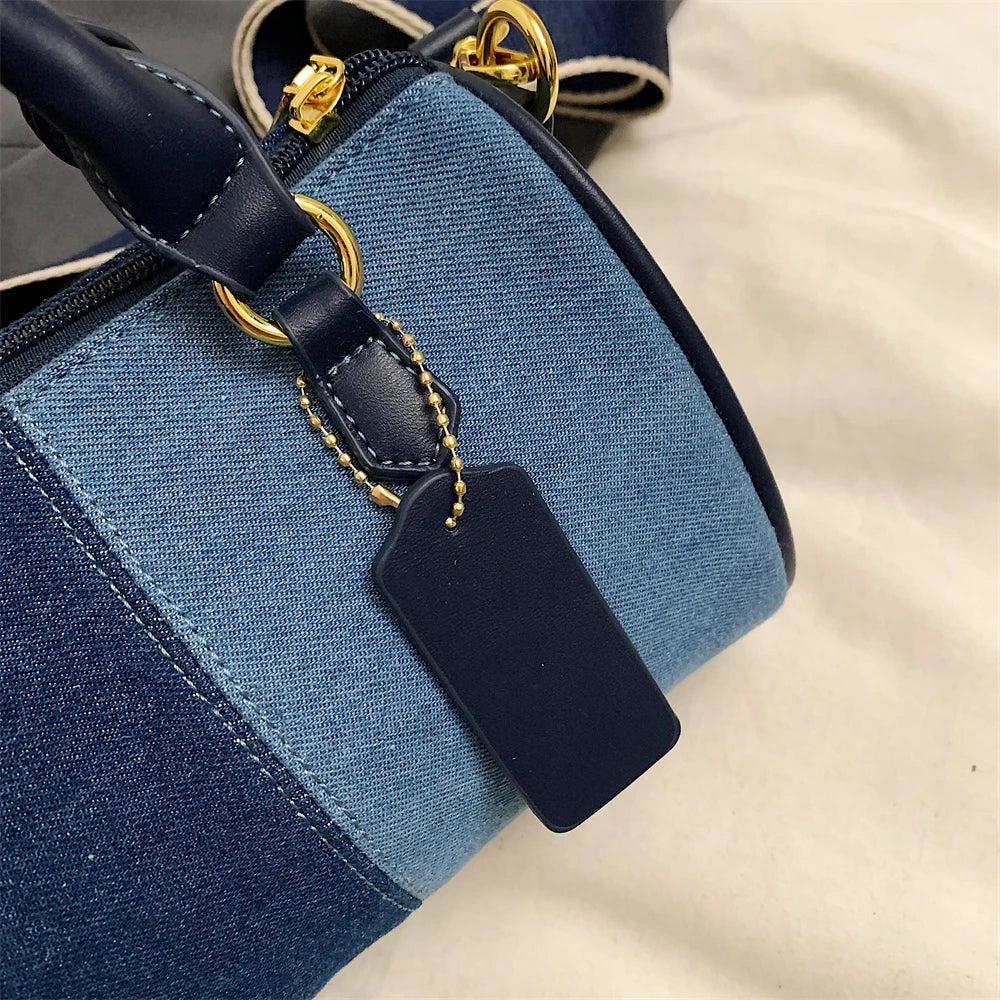 Retro large strap denim shoulder handbag