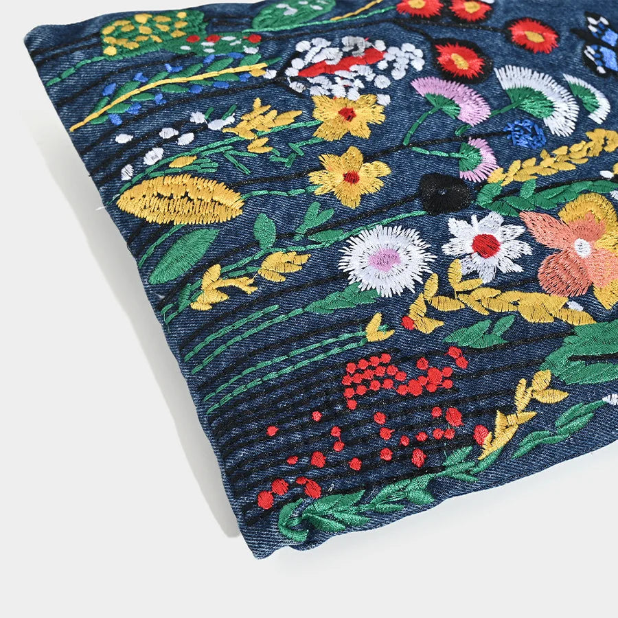 Embroidered floral denim shoulder bag