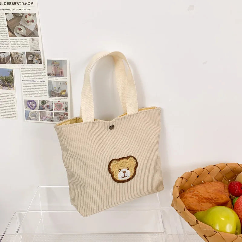Women’s corduroy shoulder tote bag with front patch