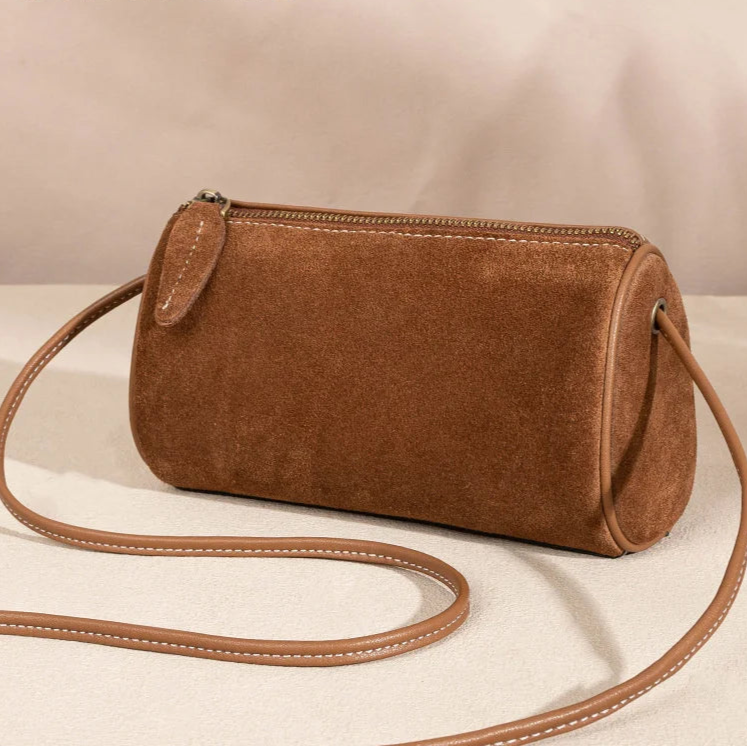 Rectangular suede purse with shoulder straps