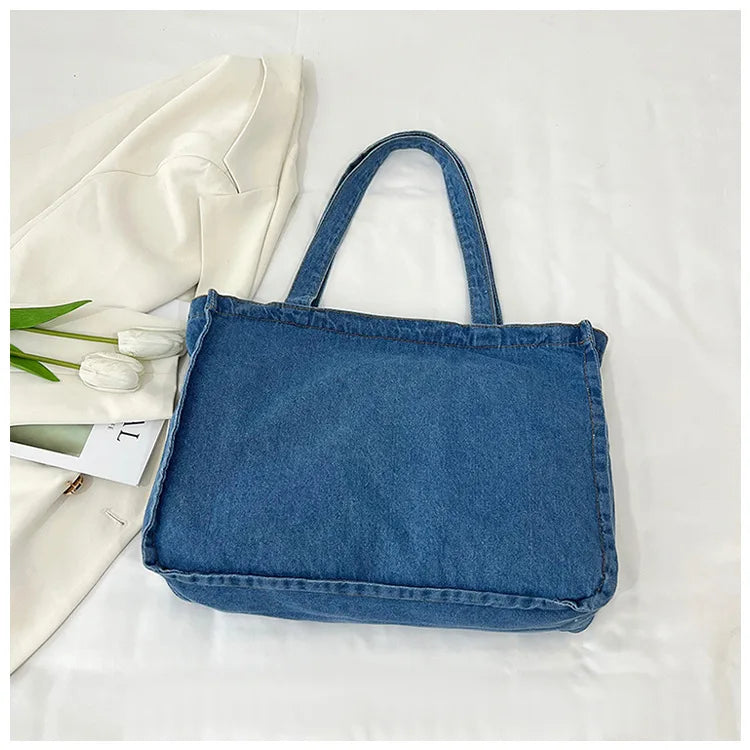 Denim tote bag with wide straps