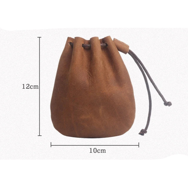 Retro leather pouch with drawstring