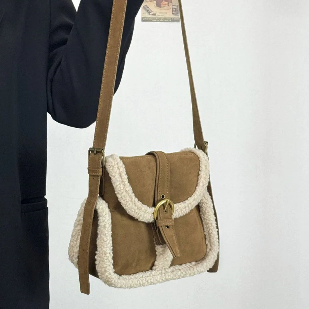 Flop-over suede handbag with fake fur
