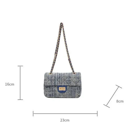 Compact flap denim handbag with chain straps