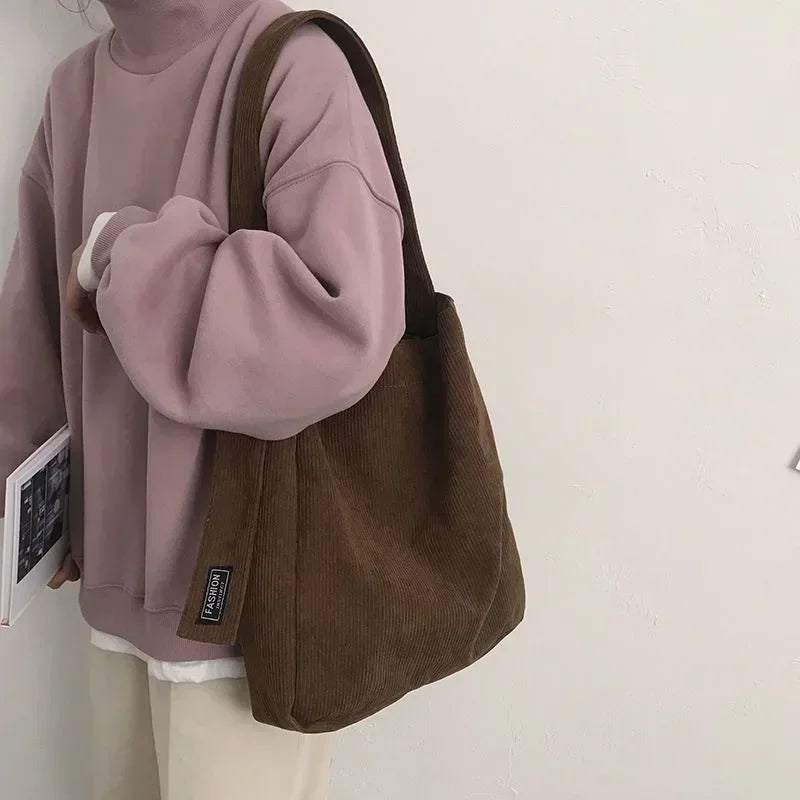 Large capacity corduroy shoulder tote bag for daily use
