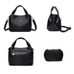 Leather handbag with wide base