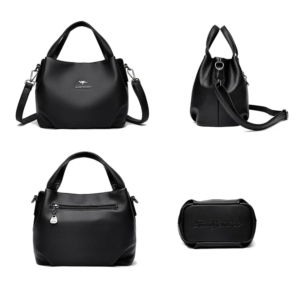 Leather handbag with wide base