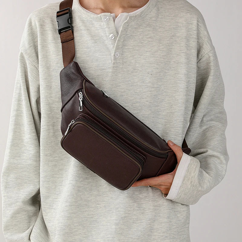 Large capacity leather bum bag for men