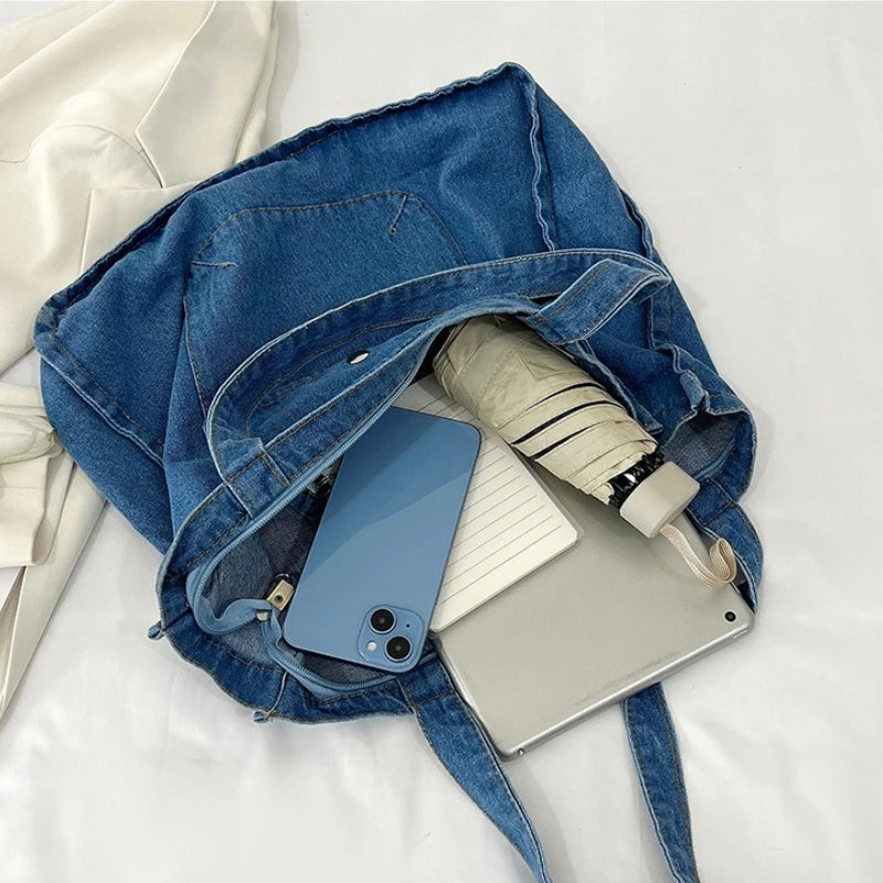 Denim tote bag with wide straps