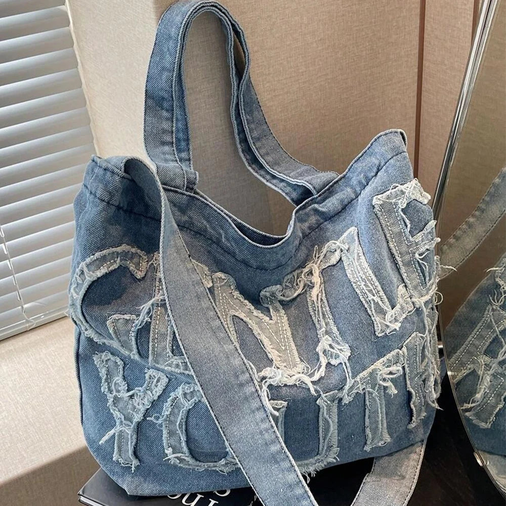 Foldable denim tote bag