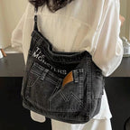 Distressed denim tote bag