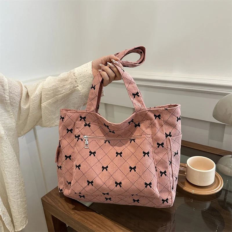 Bow pattern corduroy tote bag for women