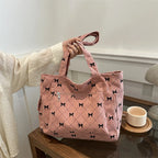 Bow pattern corduroy tote bag for women